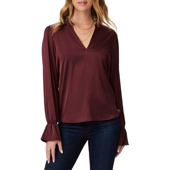 PAIGE NWT Dusty Cherrywood Laurin Satin Frilled Ruffled Long Sleeve Blouse XS - Picture 1 of 9